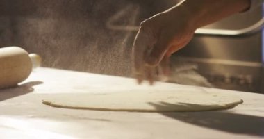 Profesyonel bir mutfakta deneyimli bir aşçı hamur işini İtalyan makarnası yapmak için unla hazırlar. Doğa, İtalya, gıda, diyet ve biyoloji kavramı.