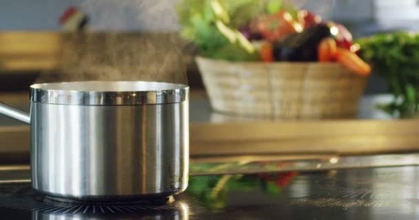ストーブに熱湯で鍋を閉じる — ストック動画