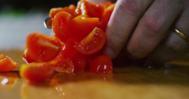 Fly Macro Pizza Pasta Ingredients Wooden Cutting Board Cherry Tomatoes — Stock Video