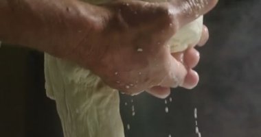 Ev yapımı peynir üreticisi, sabahları inek koyunlarından taze süt ile el yapımı mozzarella üretiyor. Gelenek kavramı: İtalya, mozzarella.