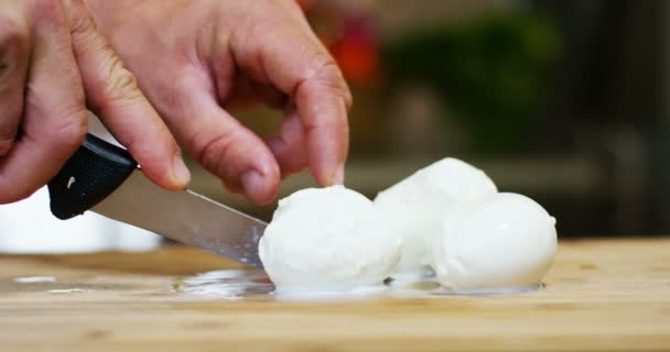Macro Shot Fresh Italian Mozzarella Bufala Bio Full Milk Background — Stock Video