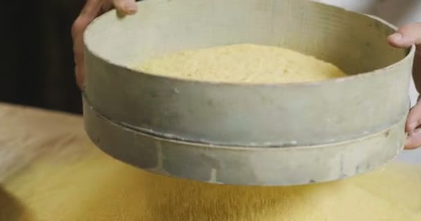 Hand Farmer Takes Handful Yellow Flour Feel Quality Essence Raw — Stock Video