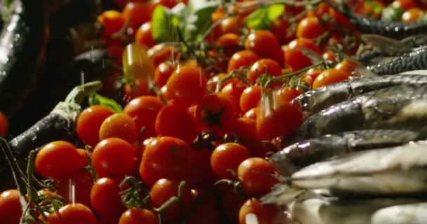 Slow Motion Van Cherry Tomaten Die Tafel Vallen Met Vissen — Stockvideo