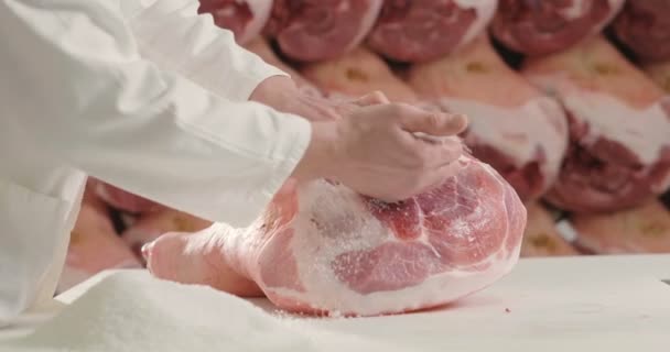 在一个火腿肠工厂里 正如意大利古老的传统所教导的那样 火腿肠是用手加盐的 意大利 — 图库视频影像