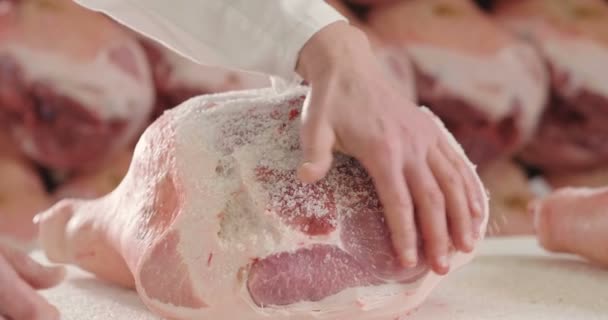 Skinka Fabrik Skinka Saltad För Hand Som Den Antika Italienska — Stockvideo
