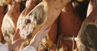 Bir jambon fabrikada hams ve denetimleri, parfüm ve sertifikalı İtalyan kalitesi arasında kalite kontrol sorumlu bir adam girer. Kavramı: gelenek, İtalya, gıda, jambon