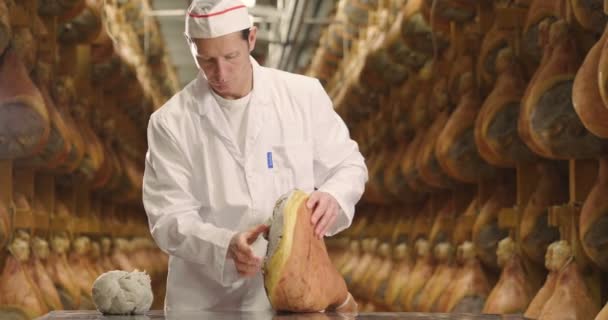 Close Hand Gathers Ham Fat Seasoned Give Flavor Protect Molds — Stock Video