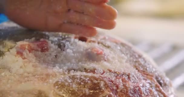 Ham Factory Ham Salted Hand Ancient Italian Tradition Teaches Concept — Stock Video
