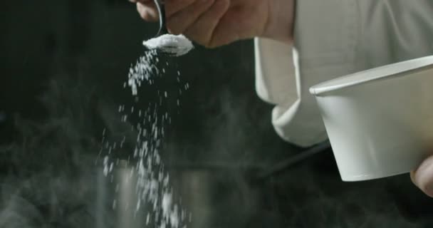 Italian Professional Kitchen Chef Pours Salt Dish Water Boil Italian — Stock Video