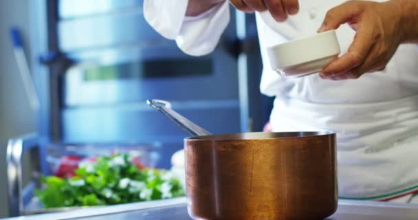 イタリア専門の台所でシェフは 皿の上や健康と光食品のイタリア パスタの概念を沸騰させる水の中に塩を注ぐ バイオ — ストック動画