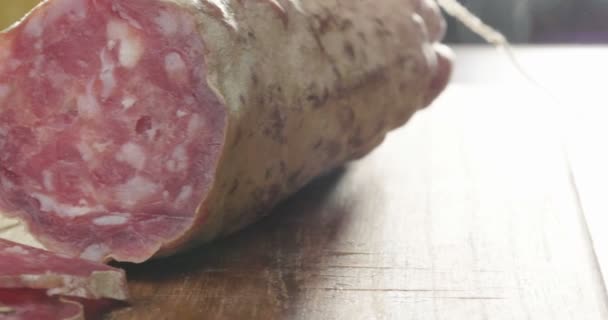 Experienced Chef Professional Kitchen Cuts Seasoned Italian Salami Sausage Cut — Stock Video