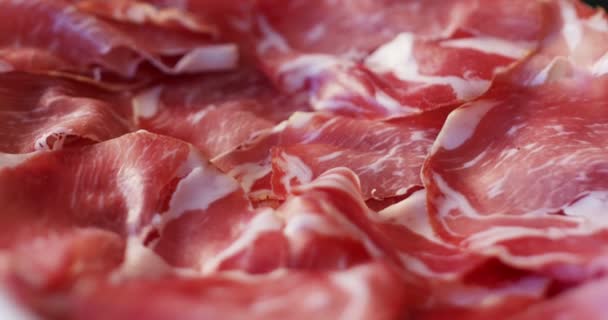 Hand Expert Cuts Parma Seasoned Salami Thinly Sliced Emanates Taste — Stock Video