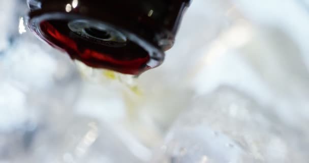 Video Ravvicinato Brandy Versato Nel Bicchiere Con Cubetti Ghiaccio — Video Stock