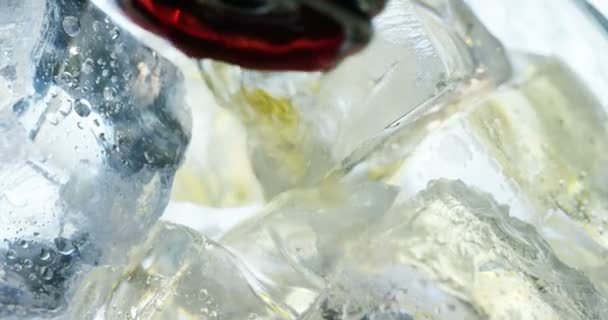 Video Bevande Alcoliche Versate Nel Bicchiere Con Cubetti Ghiaccio Primo — Video Stock