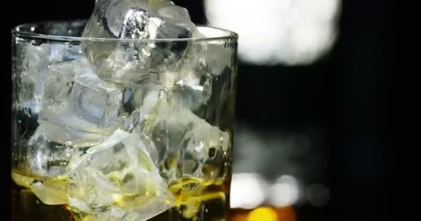 Vídeo Whiskey Vertido Vidrio Con Cubitos Hielo — Vídeos de Stock