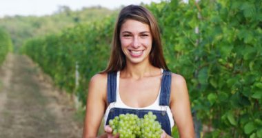 holding ve yeşil üzüm kamerada gösteriyor üzüm çiftçi kadın video 