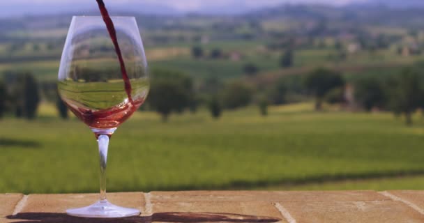 와인의 슬로우 매크로 파노라마 배경에 유리에 가까이 — 비디오