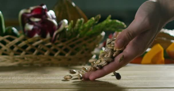 Close Person Putting Soy Beans Table — Stock Video