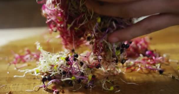 豆芽和豆类陷入极端慢动作在木头的工作表面上专业厨师和奢华的厨房 — 图库视频影像