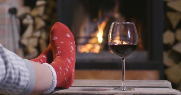 一个冬天的晚上 一对夫妇坐在壁炉前放松 喝了一杯葡萄酒 一边敬酒 一边享受壁炉的温暖 节假日 葡萄酒 — 图库视频影像