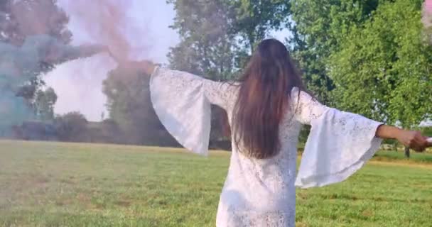 Happy Woman Holding Colorful Smoke Fireworks Dancing Outdoors Slow Motion — Stock Video