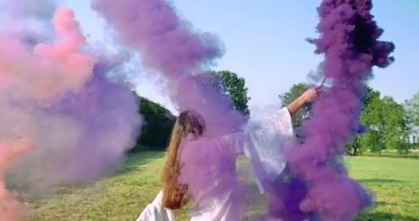 Happy Woman Holding Colorful Smoke Fireworks Dancing Outdoors Slow Motion — Stock Video