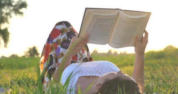 Vidéo Femme Couchée Sur Prairie Champ Vert Livre Lecture — Video