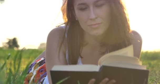 Vidéo Femme Couchée Sur Prairie Champ Vert Livre Lecture — Video