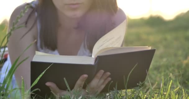 妇女躺在绿地草地和阅读书的视频 — 图库视频影像