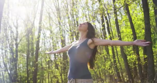 Brunette Free Woman Spreading Hands Forest Breathing Harmony Environment Concept — Stock Video