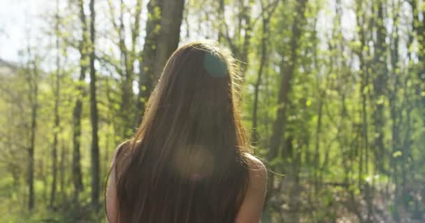 黑发妇女的背面视图传播的手在森林与树木 — 图库视频影像