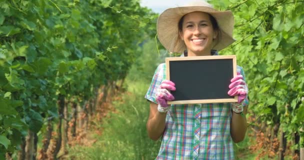 プロの農家の女性葡萄畑農園に立って コピー領域の黒板を保持 — ストック動画