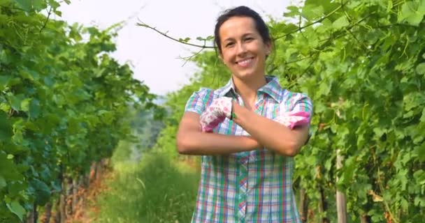 Видео Замедленной Съемки Улыбающейся Фермерки Стоящей Плантации Виноградного Поля Скрещенными — стоковое видео