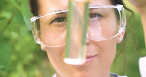 Видео Женщины Фермера Лабораторных Очках Смотрящей Лабораторную Стеклянную Трубку Жидкостью — стоковое видео