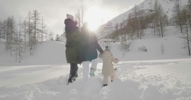 Par Une Journée Hiver Une Famille Dans Les Montagnes Promène — Video