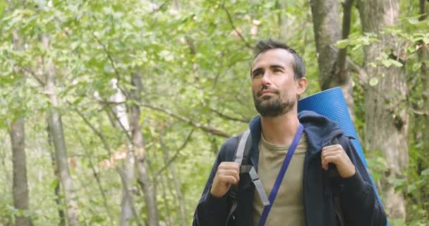 Film Człowiek Podróżnik Maciek Lesie Gestykulacji Kciuk Górę Patrząc Kamery — Wideo stockowe