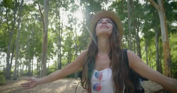 森林里美丽的女孩深深地呼吸着大自然的纯净空气 女孩很高兴与自然和谐相处 心灵平静和瑜伽的概念 内心的幸福与和平 — 图库视频影像