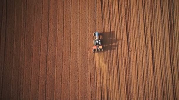 収穫のフィールド 高さから上面にトラクターのアンテナ — ストック動画