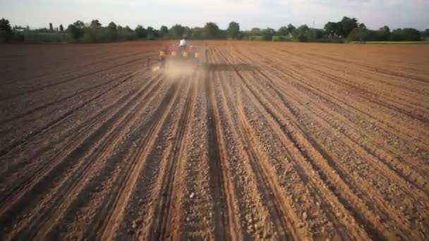 Aerial Tractor Harvest Field Top View Height — Stock Video