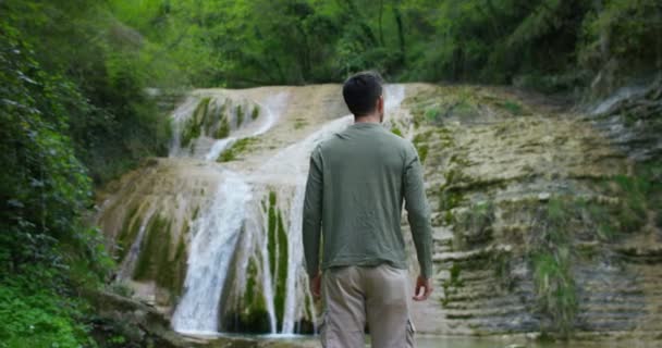 Видео Путешественника Водопаде Лесу — стоковое видео