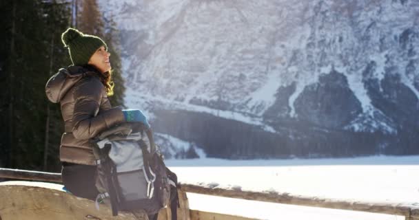 Una Chica Descansa Relaja Mirando Montañas Nevadas Frente Sosteniendo Sus — Vídeos de Stock