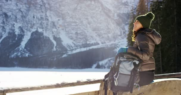 Una Chica Descansa Relaja Mirando Montañas Nevadas Frente Sosteniendo Sus — Vídeos de Stock