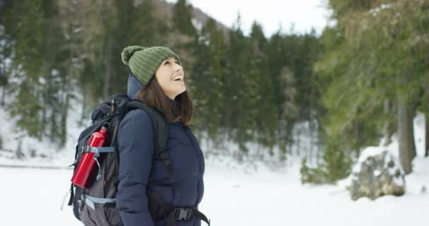 Ein Mädchen Ruht Sich Aus Und Beobachtet Den Verschneiten Berg — Stockvideo