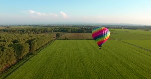一个热气球在天空中自由旅行的空中图像 在大自然的绿色中充满了色彩 幸福和旅行的概念 — 图库视频影像