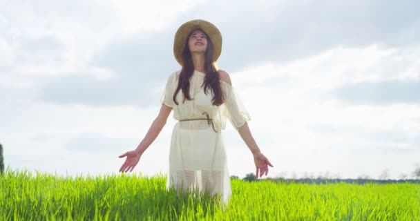 Видео Счастливой Женщины Наслаждающейся Летом Зеленом Лугу Летней Шляпе — стоковое видео