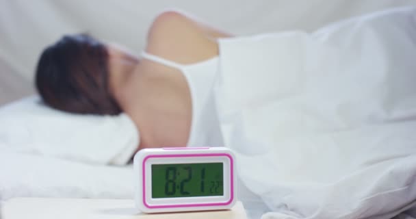 Simple Working Day Beautiful Young Girl Switching Alarm Clock Weak — Stock Video