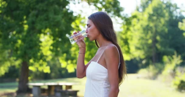 年轻女人一杯冰冷的水和纯在一个绿色的世界饮料在日落时分 概念的可持续性 性质和纯度的新鲜水和纯化 — 图库视频影像