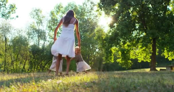 生態学 愛と野外で遊ぶ彼女かわいい 歳の女の子と若い母親 自然の家族愛の概念 両親の愛と幸せな子供たち 緑と持続可能性の概念 — ストック動画