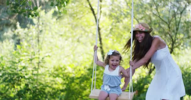 Mãe Menina Brincando Alegremente Natureza Mãe Leva Bebê Seus Braços — Vídeo de Stock