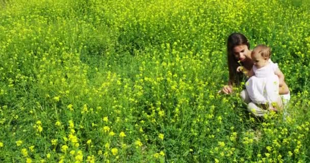 Mamá Niña Jugando Felizmente Naturaleza Madre Toma Bebé Sus Brazos — Vídeo de stock